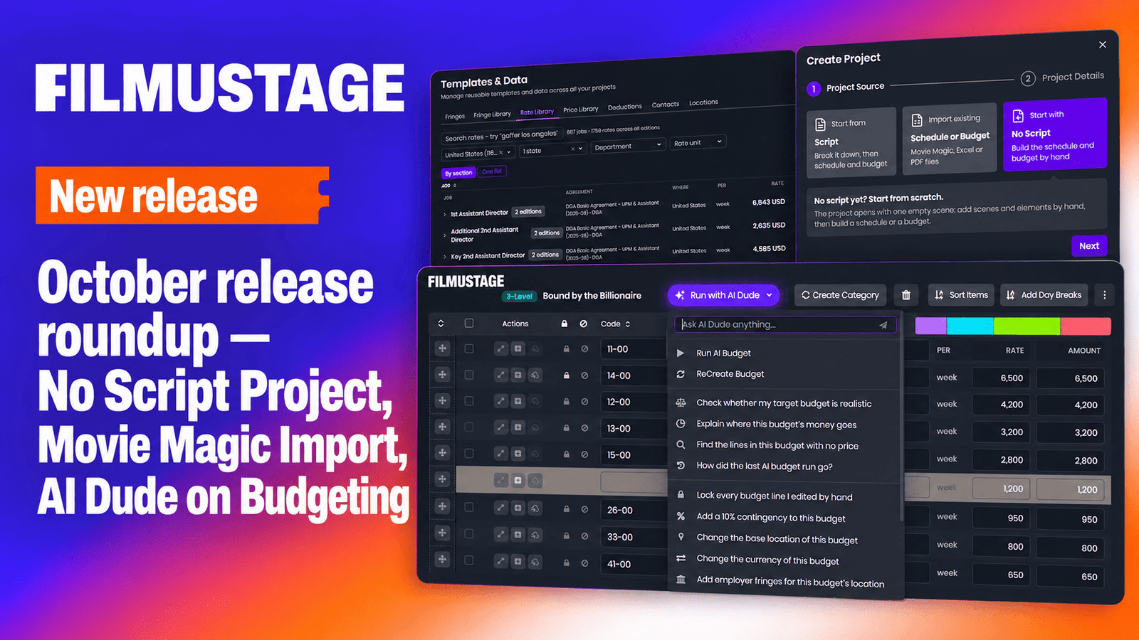 October release roundup — No Script Project, Movie Magic Import, AI Dude on Budgeting
