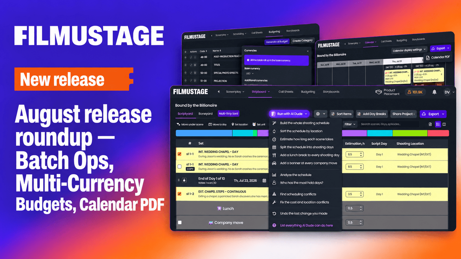 August release roundup — Batch Ops, Multi-Currency Budgets, Calendar PDF